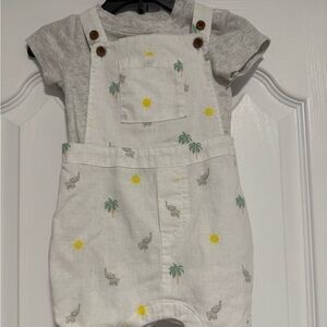 Janie and Jack White Overalls with Yellow Sun, Green Palm & Gray Elephant Print